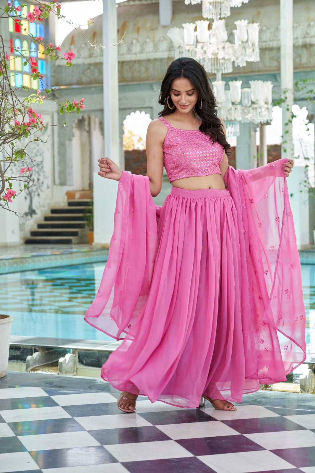 Pink Sequins Embroidered Georgette Lehenga Choli