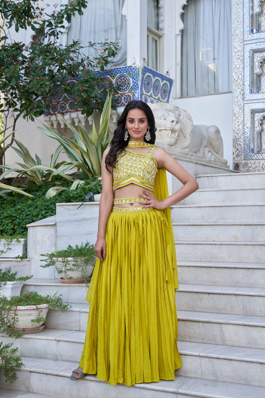 Lemon Green Embroidered Chiffon Plated Lehenga Choli