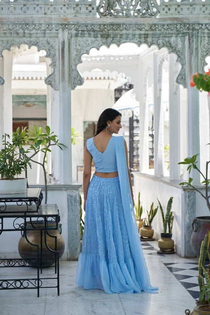 Blue Sequins Embroidered Georgette Lehenga Choli