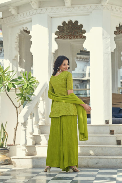 Green Sequins Embroidered Georgette Palazzo Suit