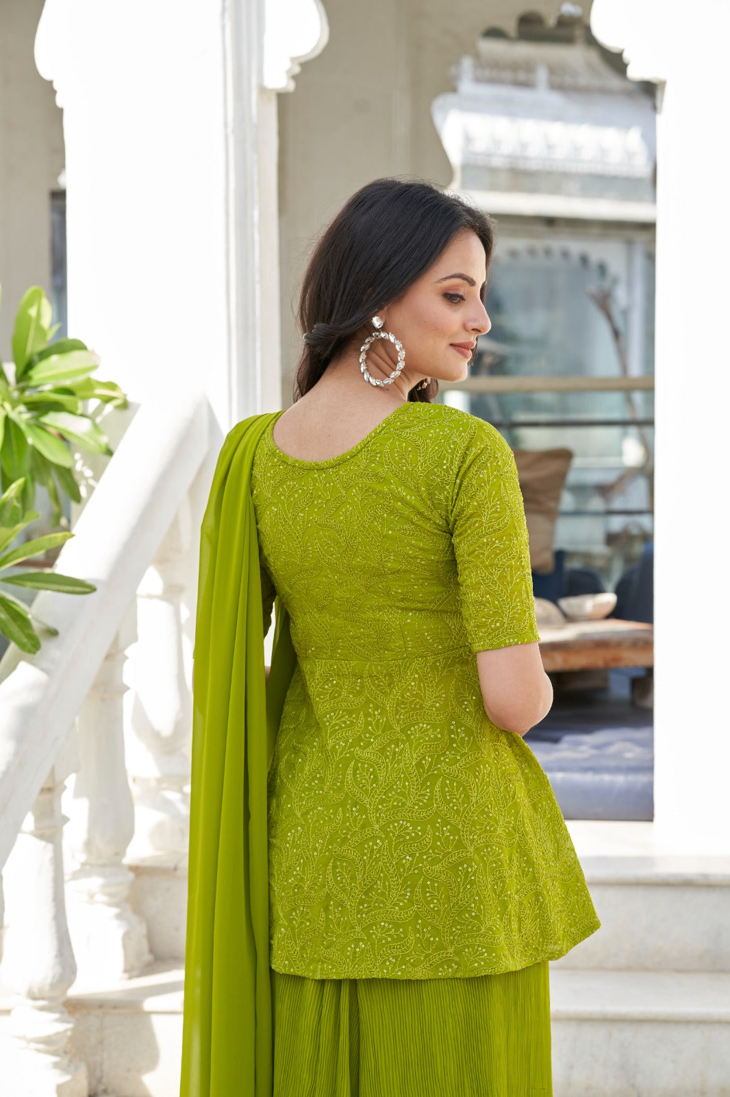 Green Sequins Embroidered Georgette Palazzo Suit