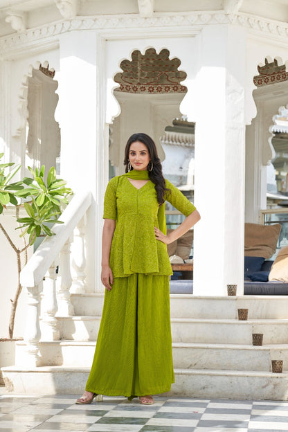 Green Sequins Embroidered Georgette Palazzo Suit