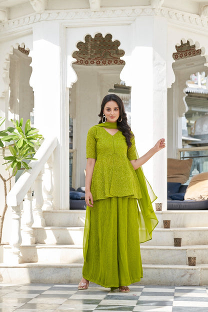 Green Sequins Embroidered Georgette Palazzo Suit