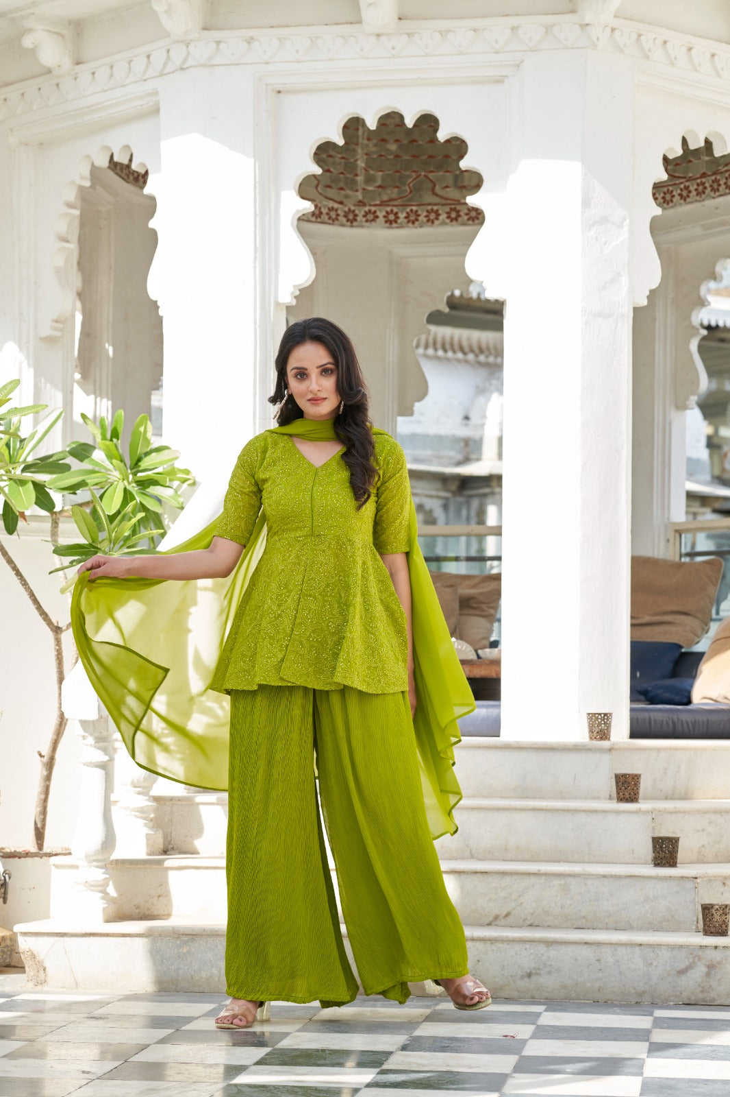 Green Sequins Embroidered Georgette Palazzo Suit