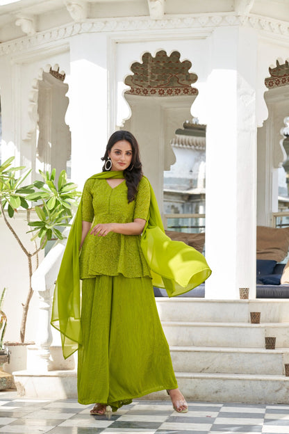 Green Sequins Embroidered Georgette Palazzo Suit