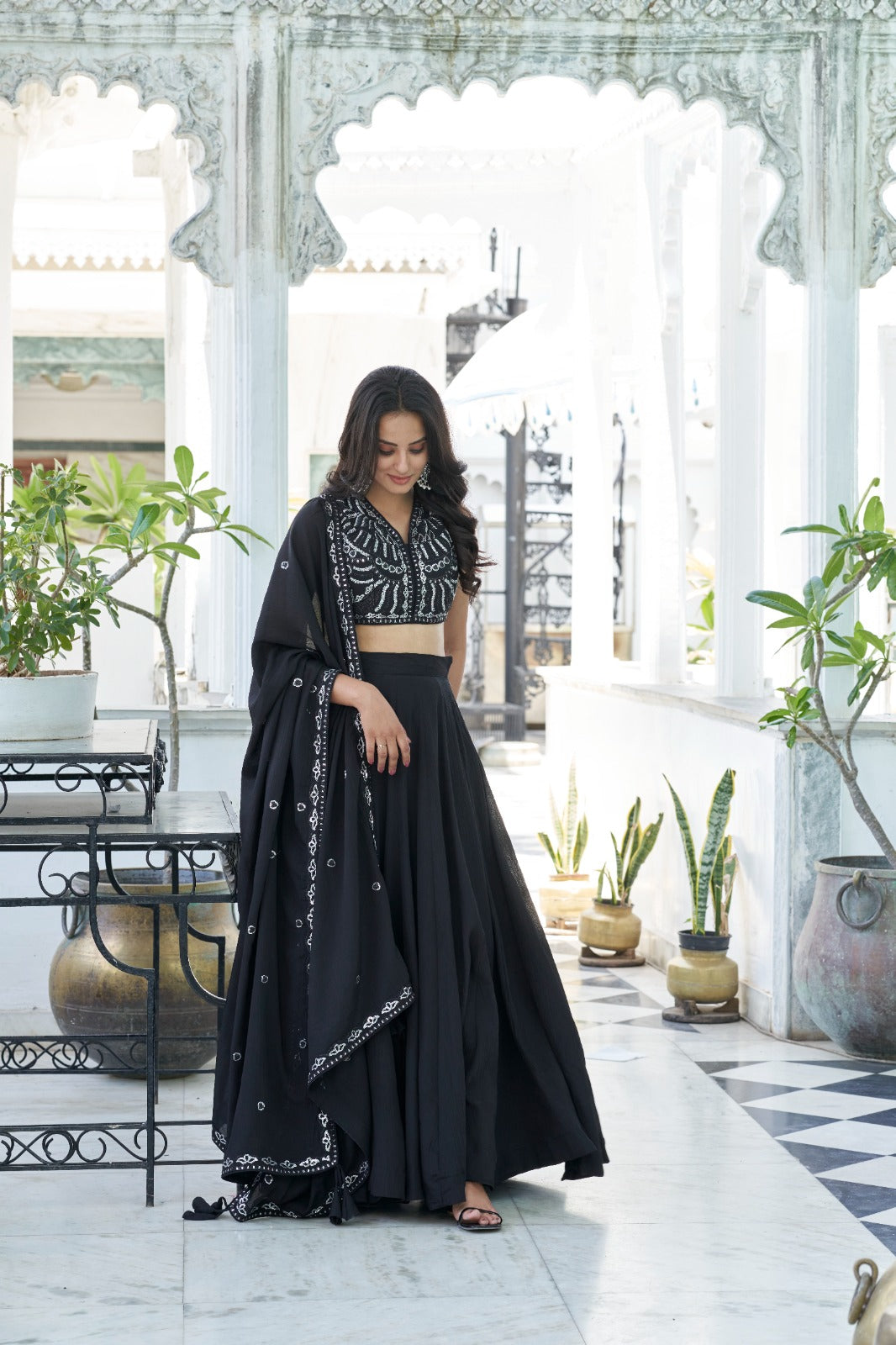 BLACK SEQUINS EMBROIDERED GEORGETTE LEHENGA CHOLI