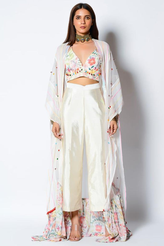 White Dupion Pant Set With Cape