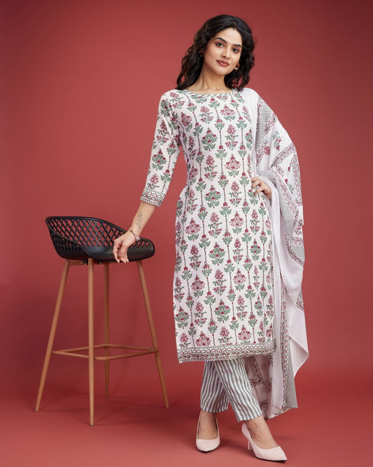 White printed Kurta Set for Women