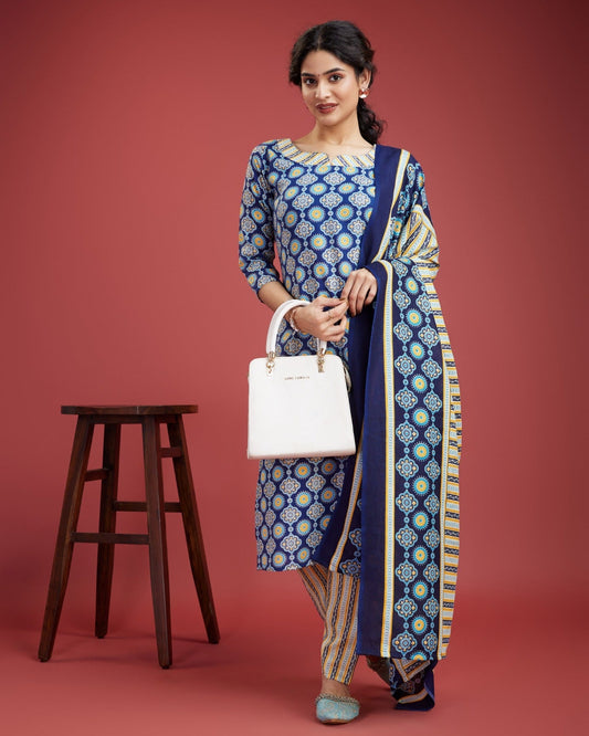 Blue Printed Cotton three peice Kurta set