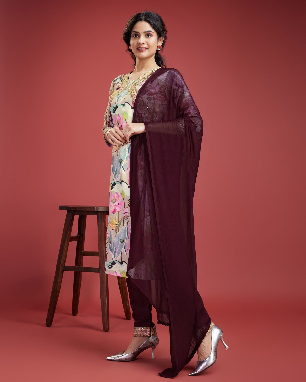 Women's Wine musline Dupatta set