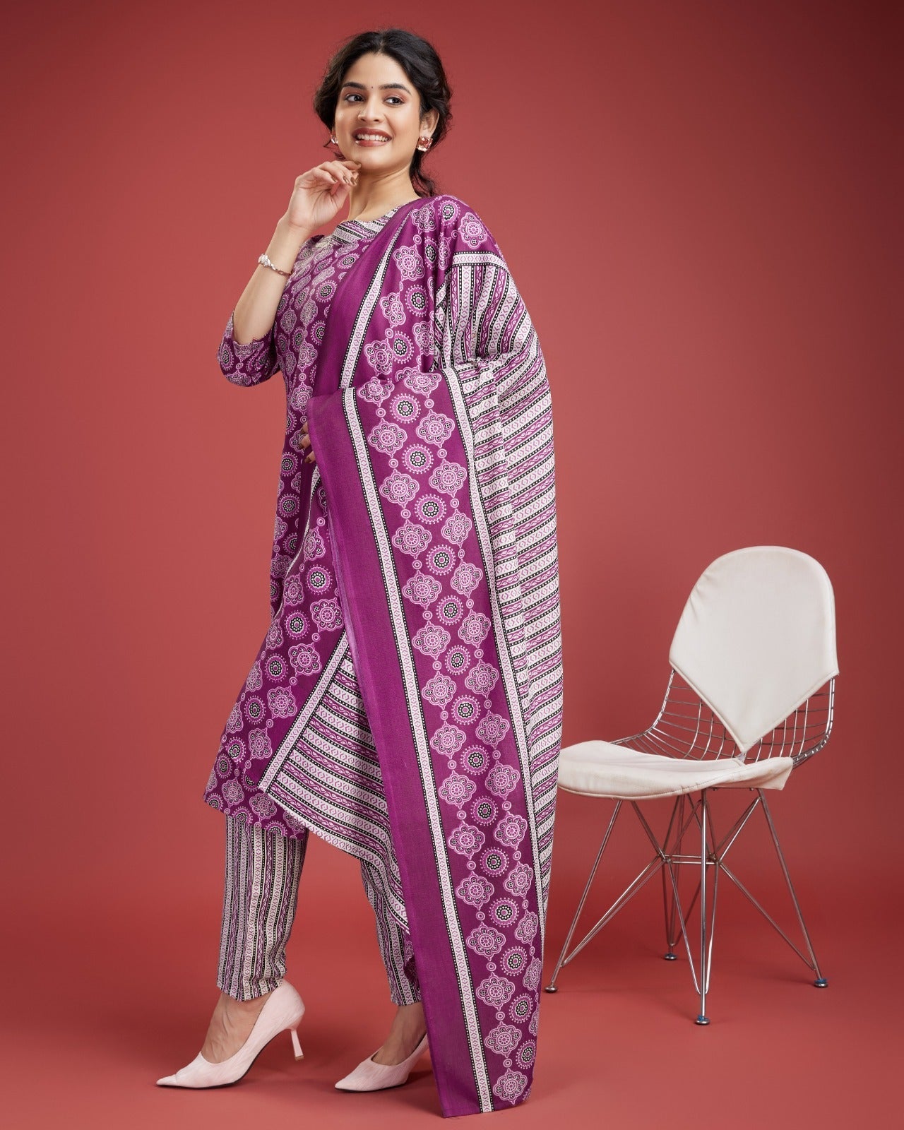 Pink Printed Cotton three peice Kurta set