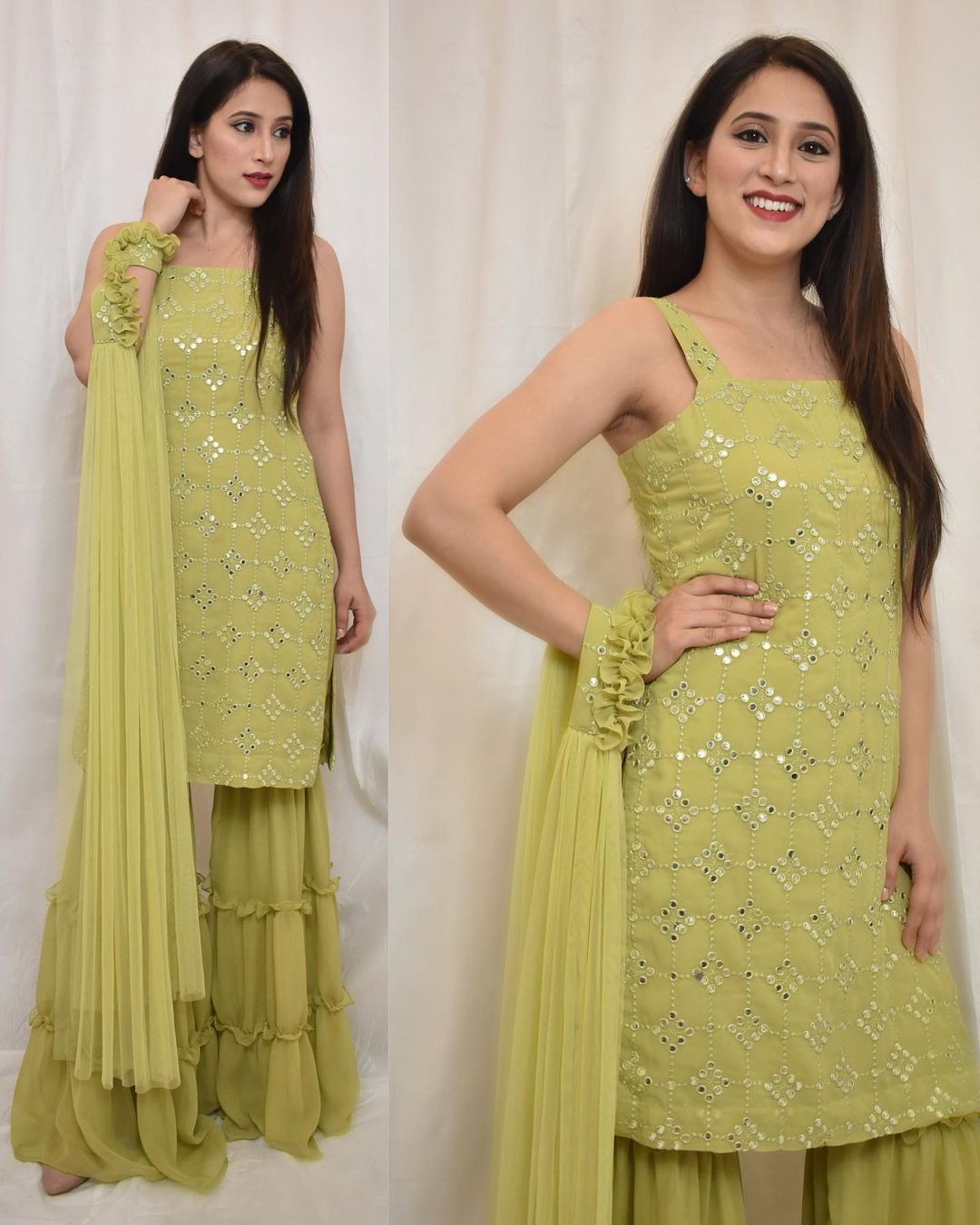 PARROT GREEN COLORED FESTIVE WEAR EMBROIDERED MIRROR WORKED SHARARA SUIT WITH DUPATTA