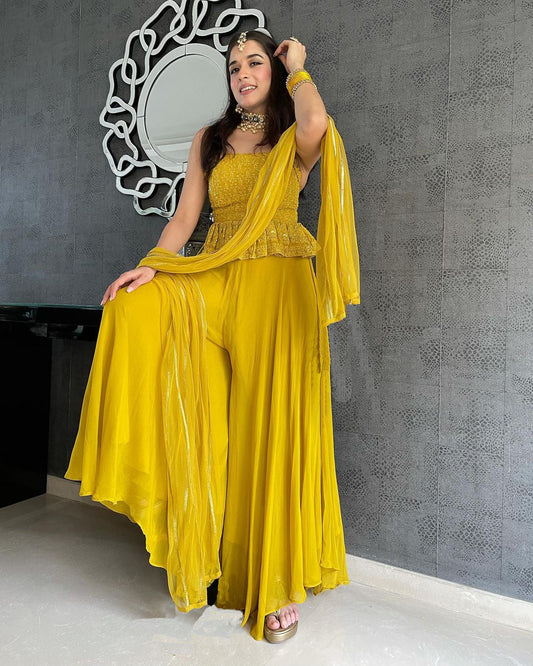 ELEGANT YELLOW COLORED FESTIVE WEAR EMBROIDERY WORKED JUMPSUIT