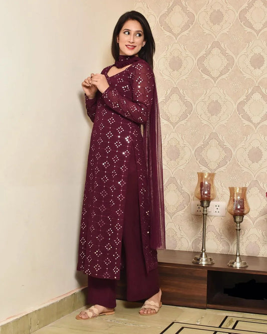 MAROON COLORED PARTYWEAR EMBROIDERED MIRROR WORKED KURTA  SET