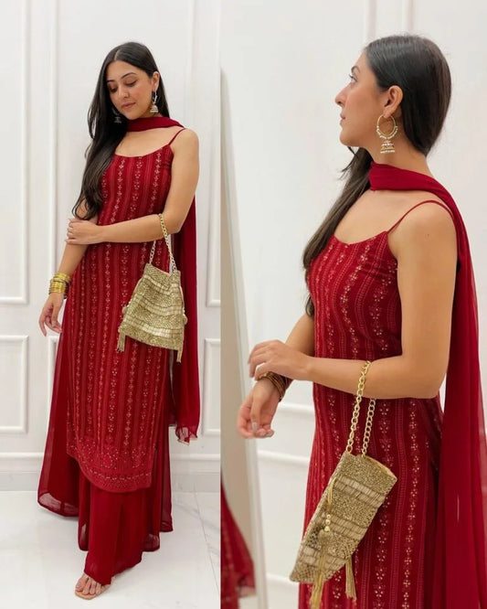 UNIQUE MAROON COLORED PARTYWEAR EMBROIDERY AND SEQUENCE WORKED