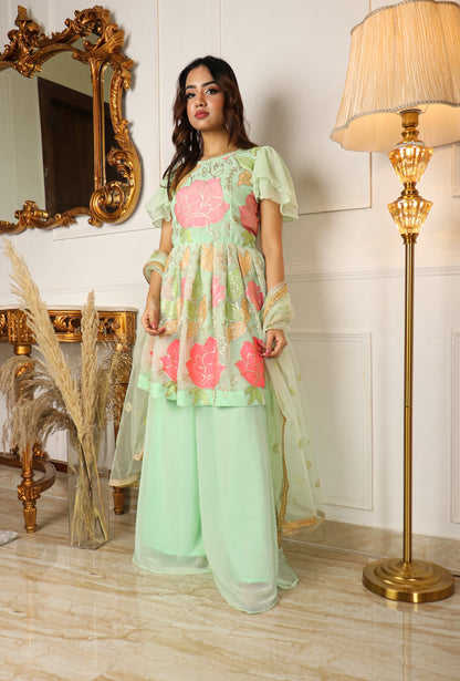 LIGHT PISTA GREEN MULTI COLORED EMBROIDERY WORKED DESIGNER KURTA SET WITH PLAZZO AND DUPATTA