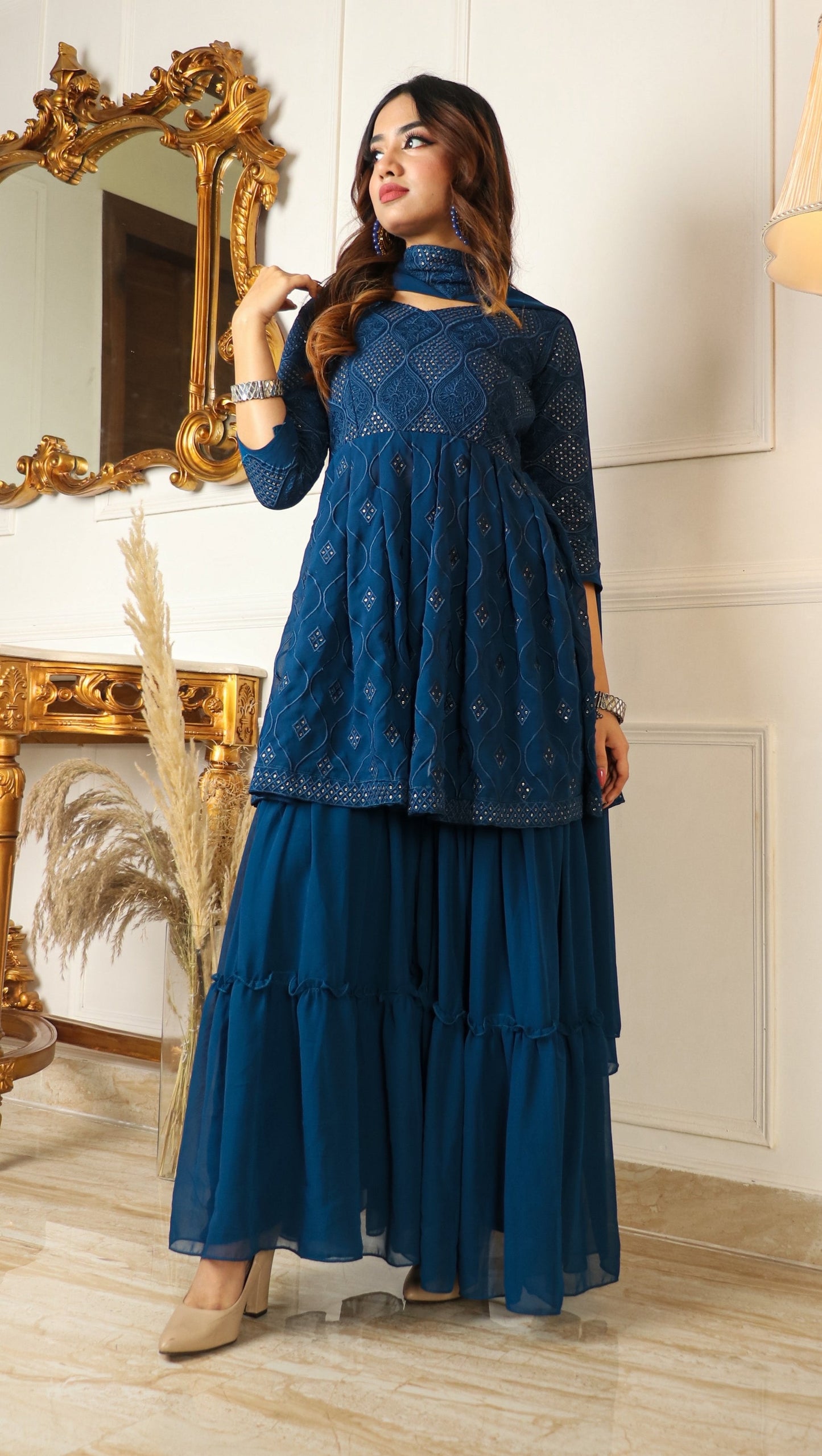 HOT SELLING BLUE COLORED MULTI SEQUENCED BEAUTIFUL BLUE COLORED SHARARA SET WITH DUPATTA