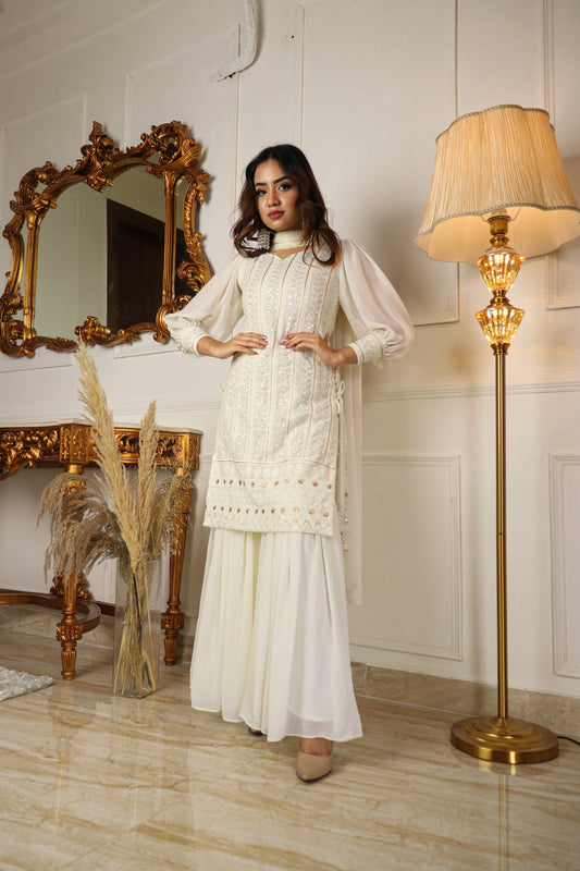 BEAUTIFUL MOST DEMANDING OFF-WHITE COLORED LAKHNAVI SEQUENCE WORKED SHARARA SET WITH DUPATTA