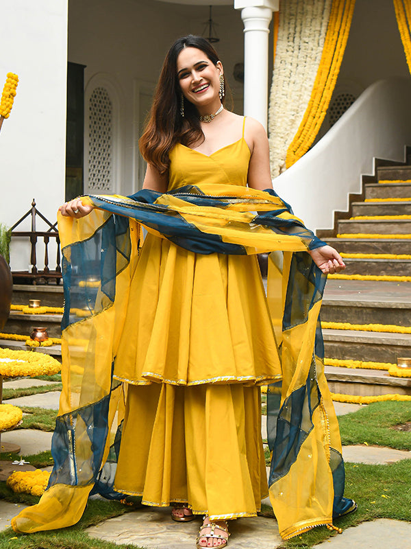 Mustard Yellow Georgette Kurta With Sharara & Dupatta Set