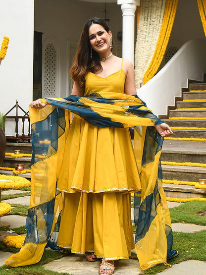 Mustard Yellow Georgette Kurta With Sharara & Dupatta Set