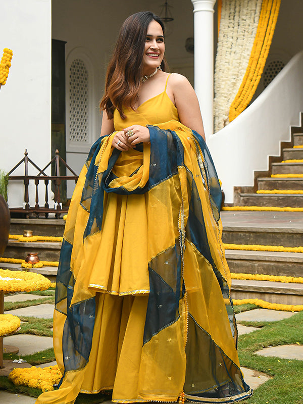 Mustard Yellow Georgette Kurta With Sharara & Dupatta Set