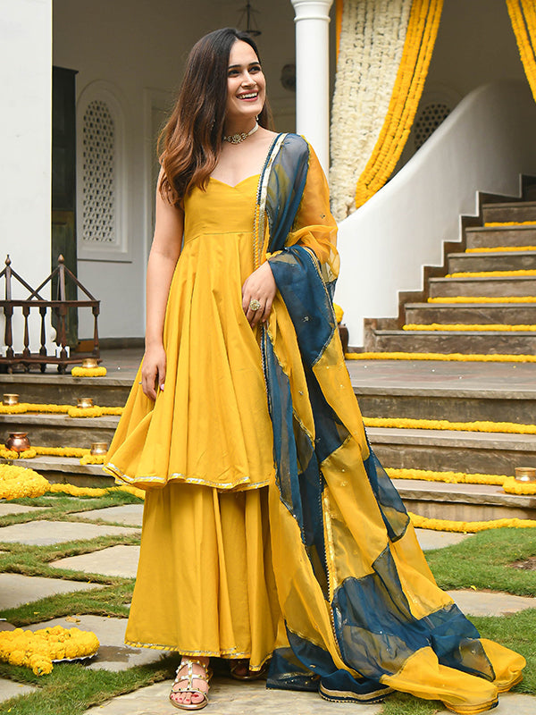 Mustard Yellow Georgette Kurta With Sharara & Dupatta Set