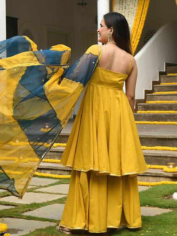 Mustard Yellow Georgette Kurta With Sharara & Dupatta Set