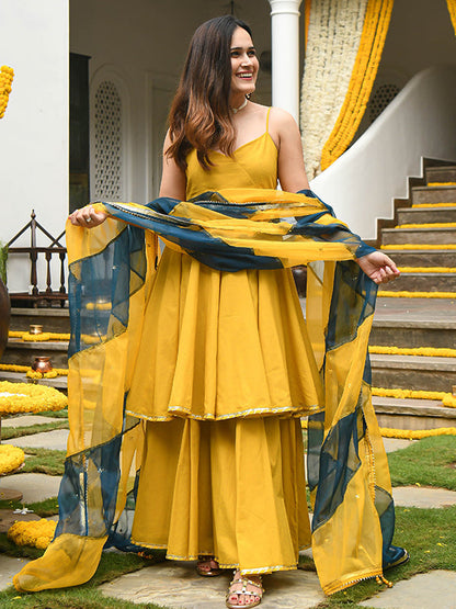 Mustard Yellow Georgette Kurta With Sharara & Dupatta Set