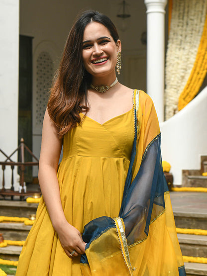 Mustard Yellow Georgette Kurta With Sharara & Dupatta Set