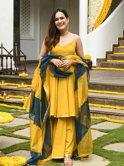 Mustard Yellow Georgette Kurta With Sharara & Dupatta Set