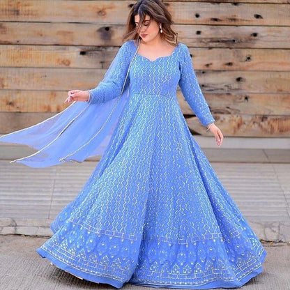 BEAUTIFUL SEQUENCE EMBROIDERY WORKED SKY COLORED FLOOR TOUCH GOWN AND DUPATT