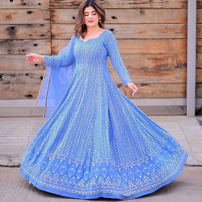 BEAUTIFUL SEQUENCE EMBROIDERY WORKED SKY COLORED FLOOR TOUCH GOWN AND DUPATT