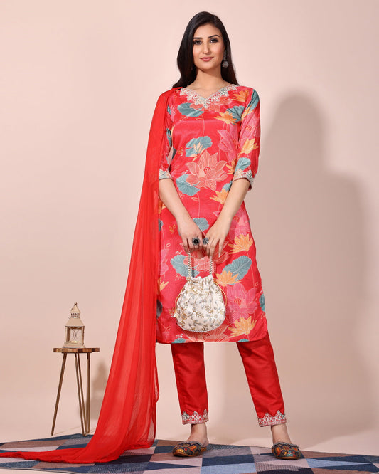 Red floral printed kurta with pant and duptta