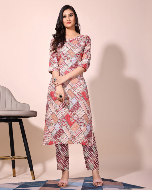 Multi printed cotton tow piece  kurta set (Multicolour)