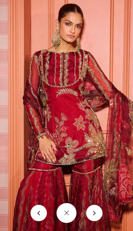 Red Embroidered Kurta and Dupatta with Garara