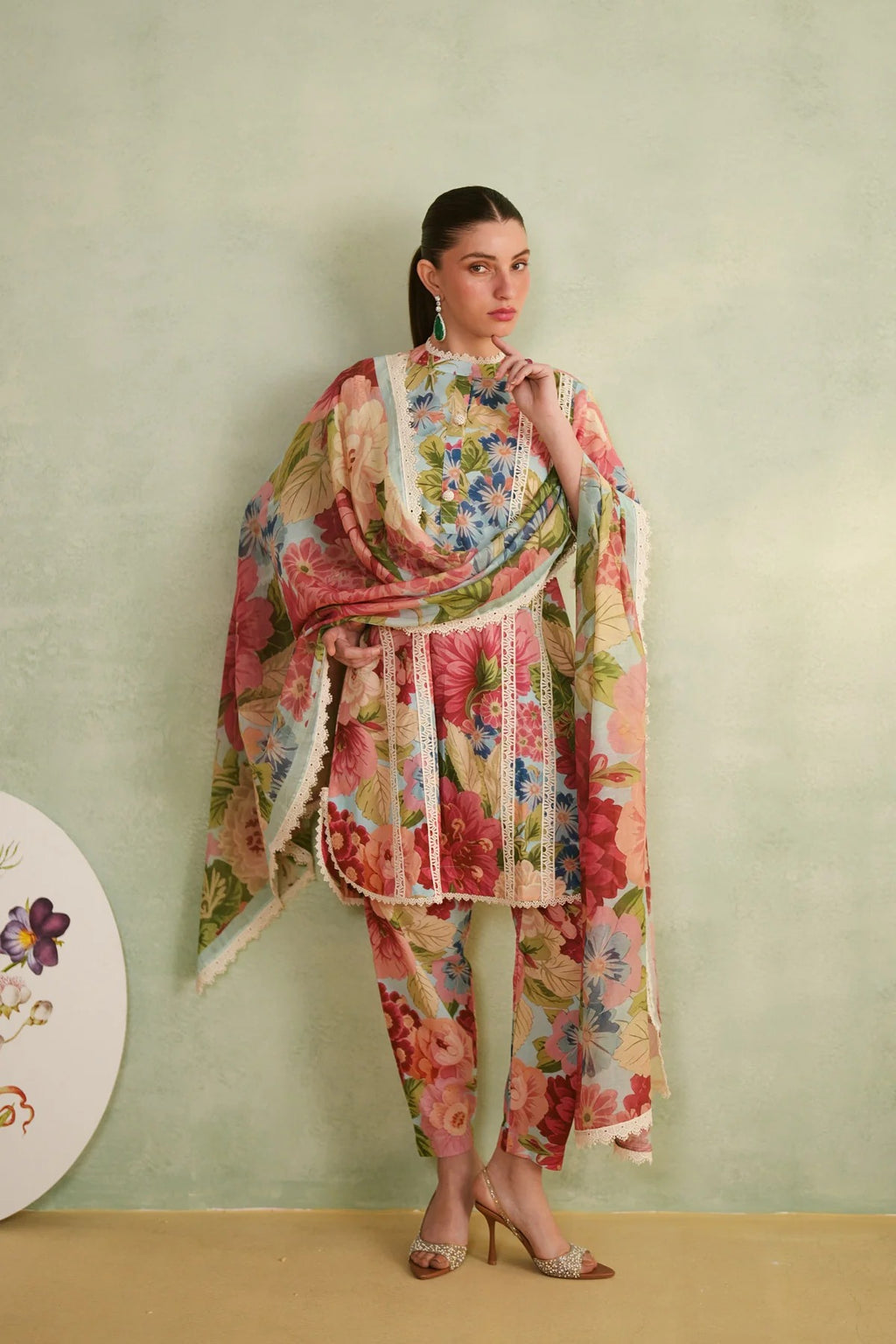 Pastel Floral Printed Kurti Pant Set with Dupatta