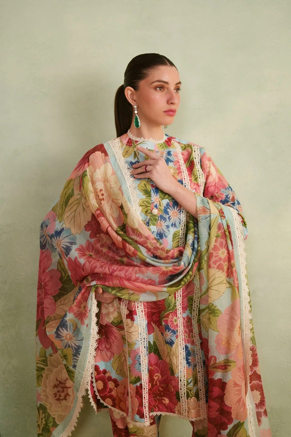 Pastel Floral Printed Kurti Pant Set with Dupatta