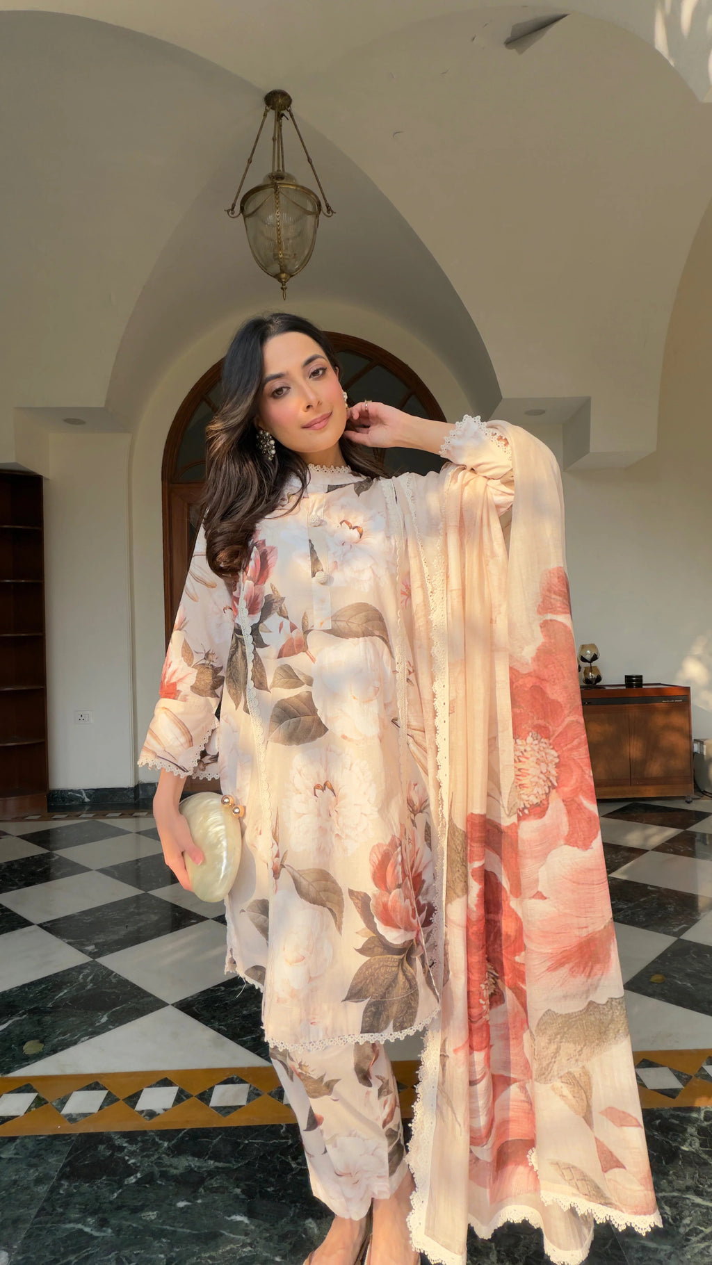 Pastel Floral Printed Kurta Pant Set with Matching Dupatta