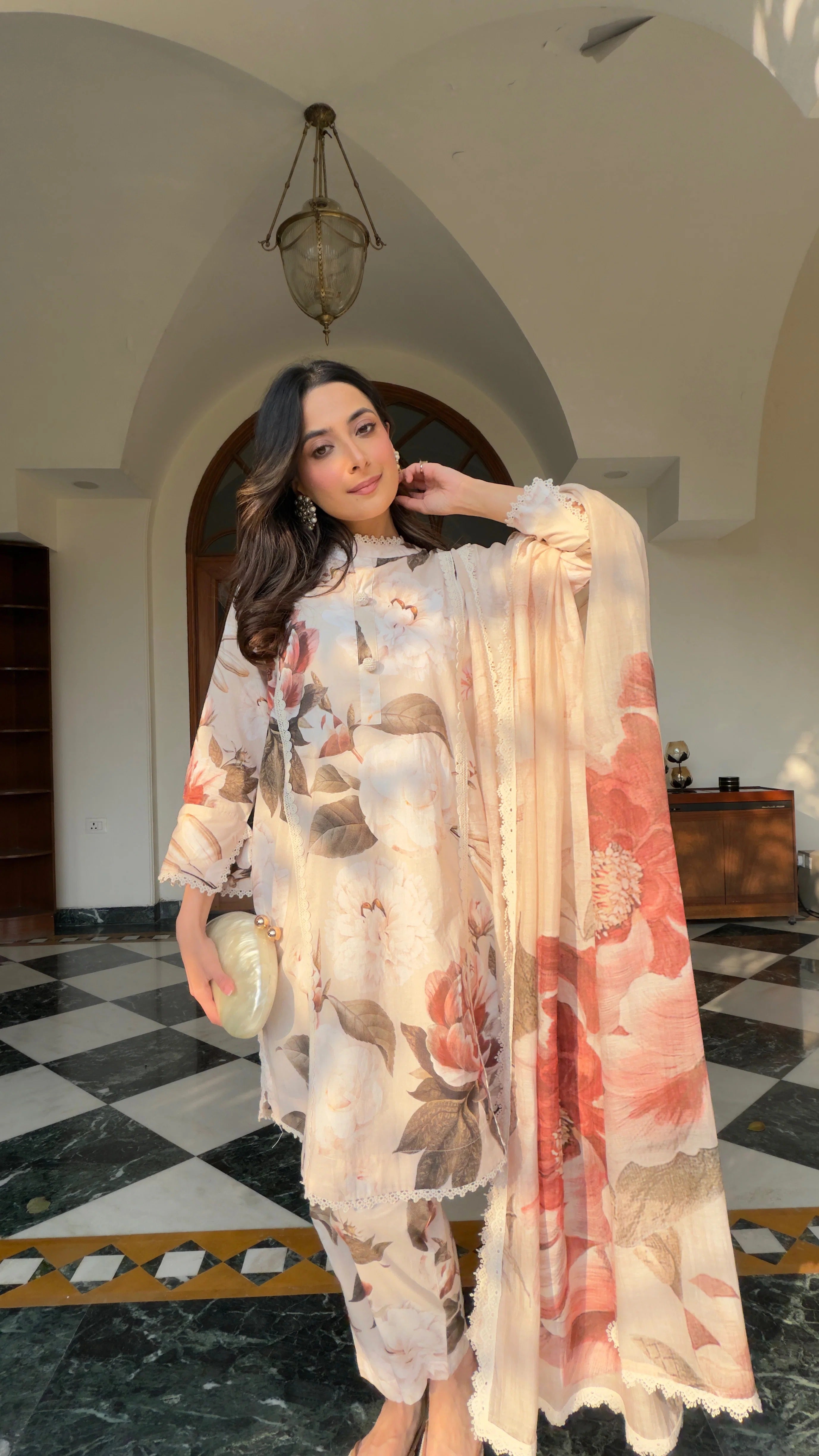 Pastel Floral Printed Kurta Pant Set with Matching Dupatta