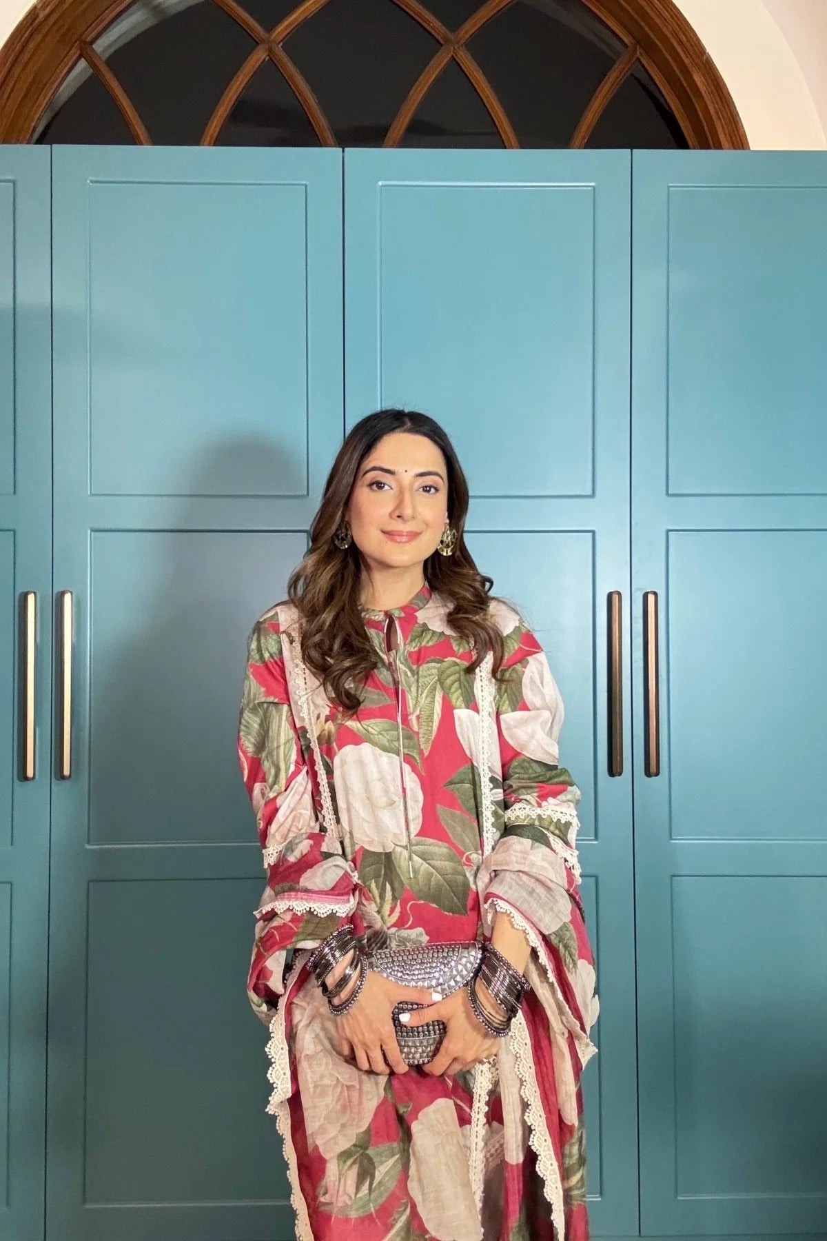 Deep Pink Floral Printed 3-Piece Co-ord Ethnic Set with Scalloped Lace Dupatta