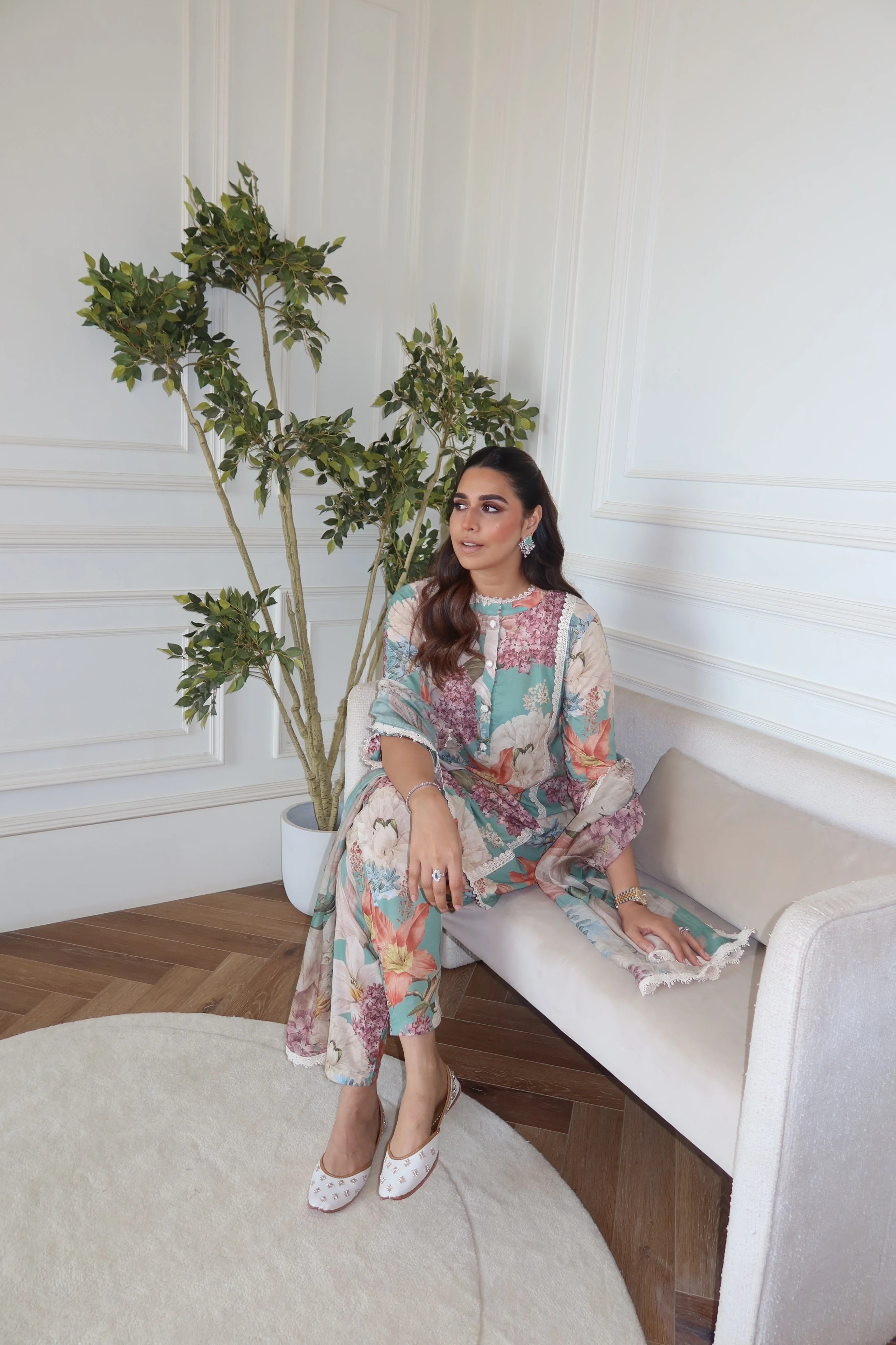 Mint Green Floral Printed Kurti Pant Set with Dupatta