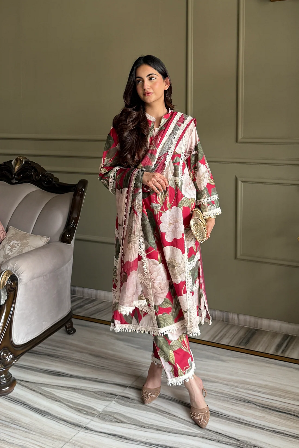 Deep Pink Floral Printed 3-Piece Co-ord Ethnic Set with Scalloped Lace Dupatta