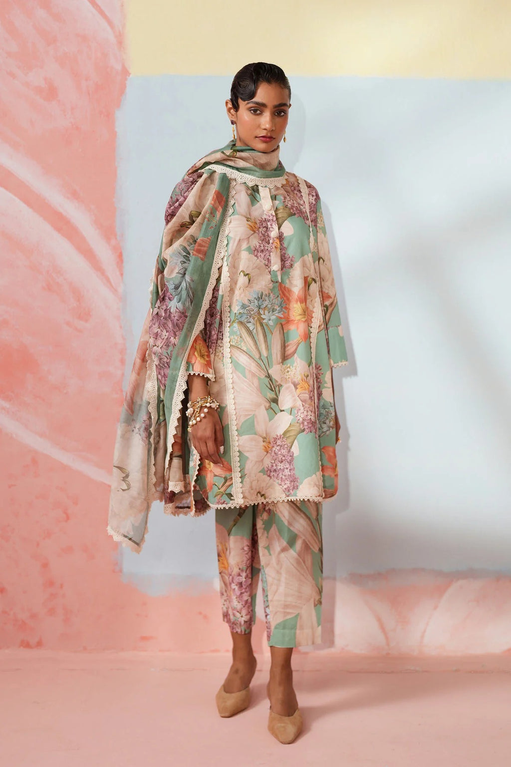 Mint Green Floral Printed Kurti Pant Set with Dupatta