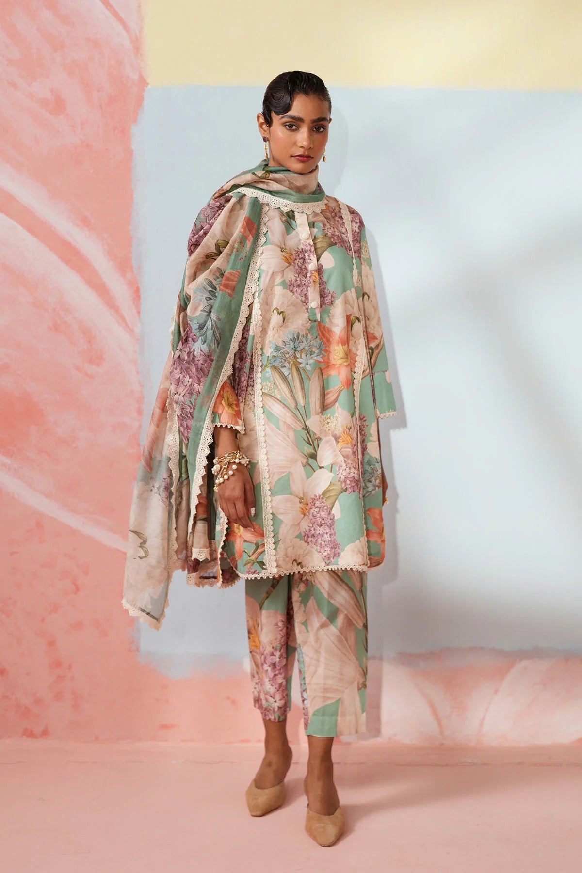 Mint Green Floral Printed Kurti Pant Set with Dupatta