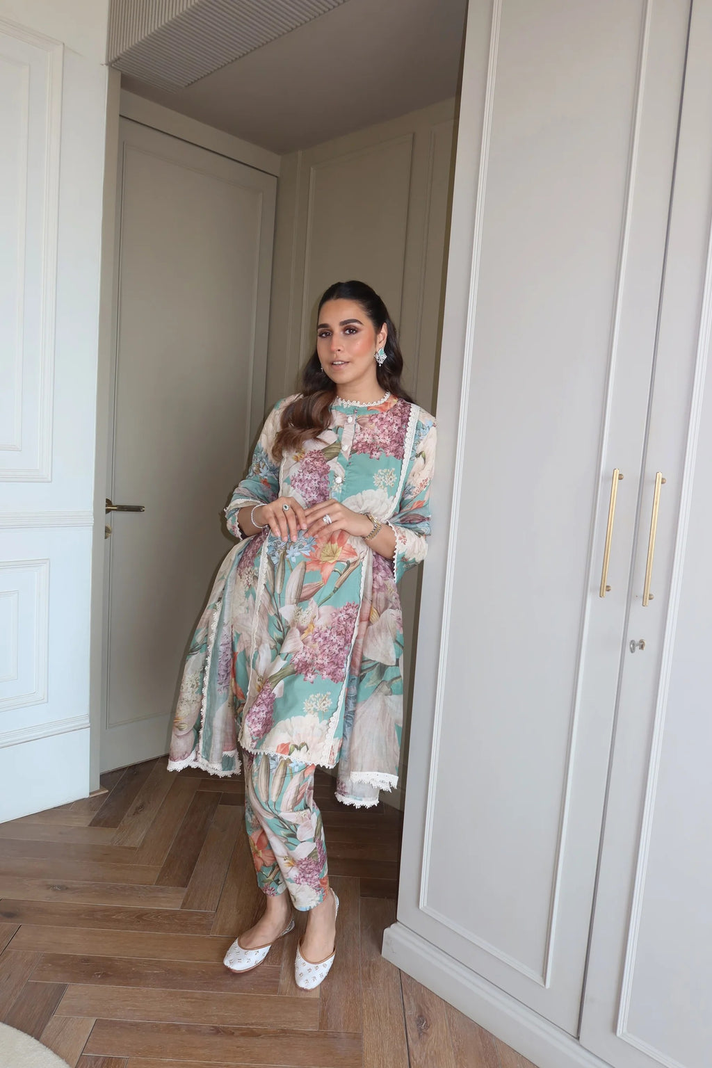 Mint Green Floral Printed Kurti Pant Set with Dupatta