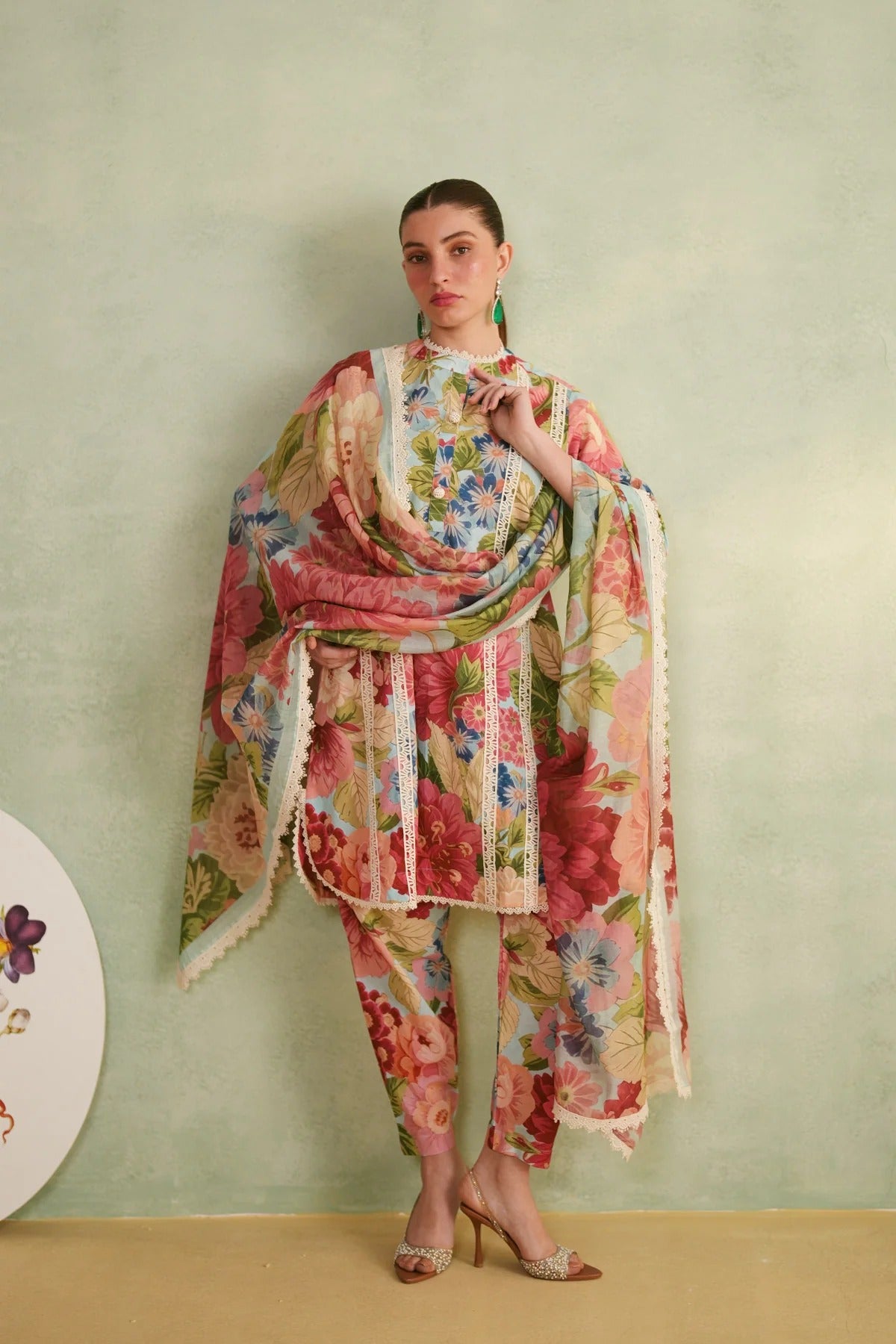 Pastel Floral Printed Kurti Pant Set with Dupatta