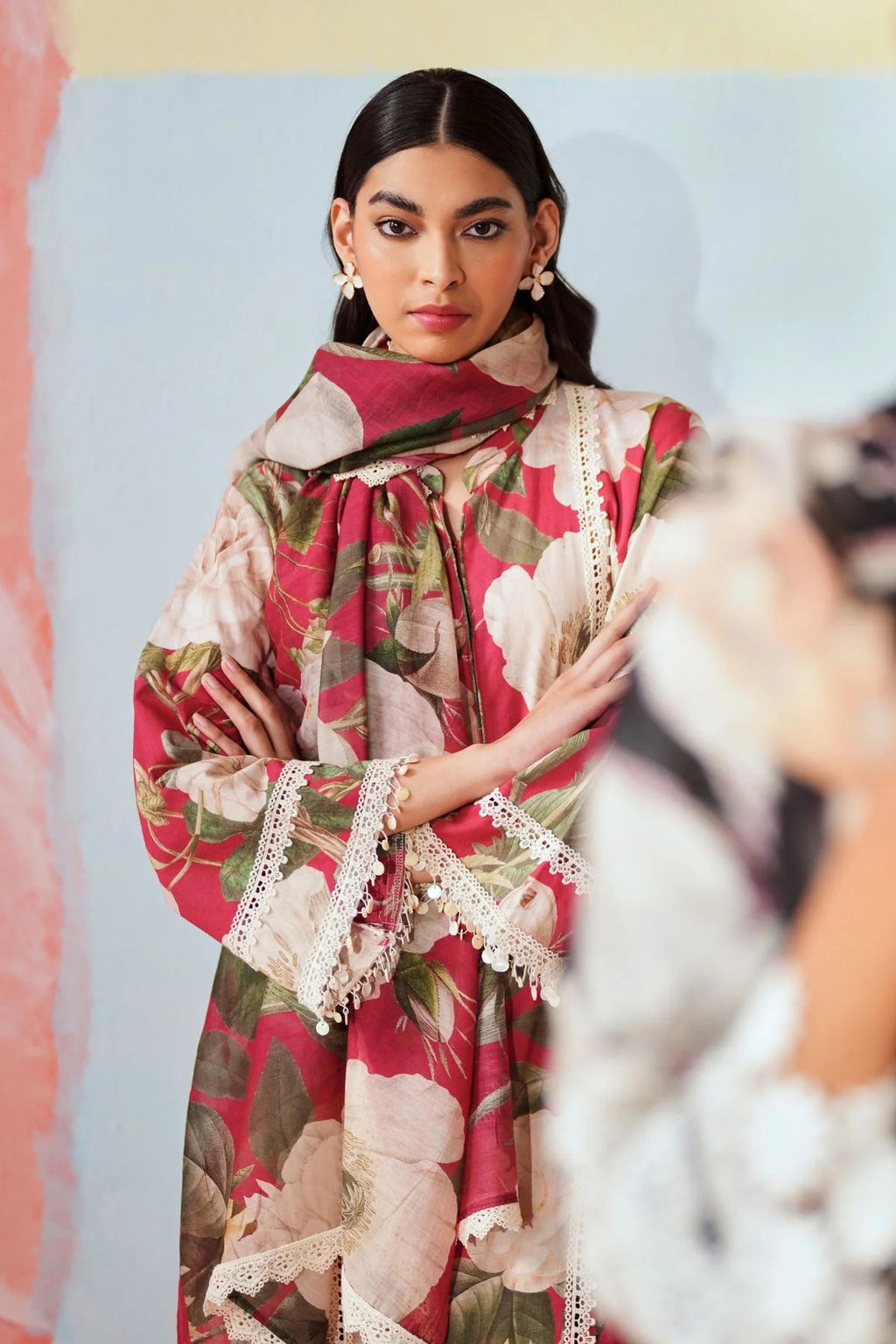 Deep Pink Floral Printed 3-Piece Co-ord Ethnic Set with Scalloped Lace Dupatta