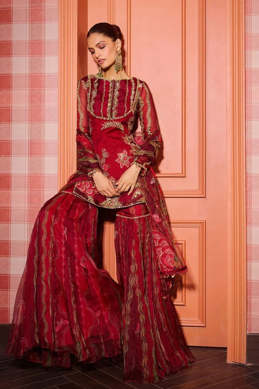 Red Embroidered Kurta and Dupatta with Garara