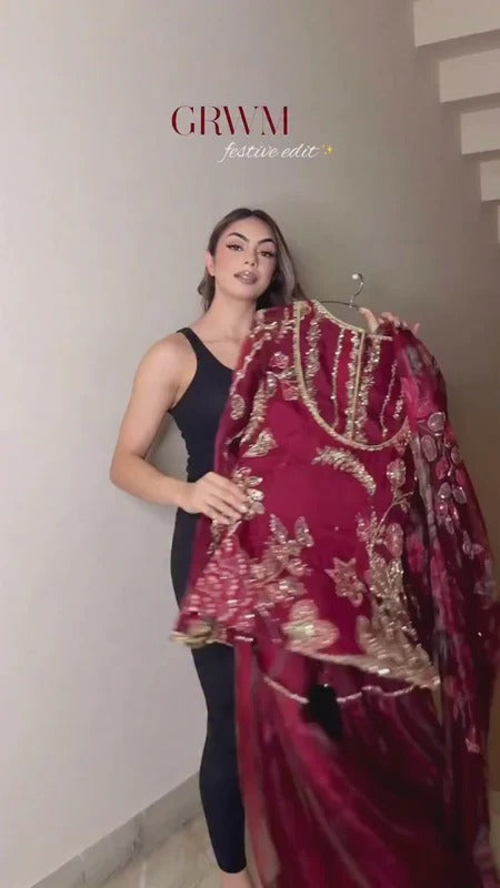Red Embroidered Kurta and Dupatta with Garara