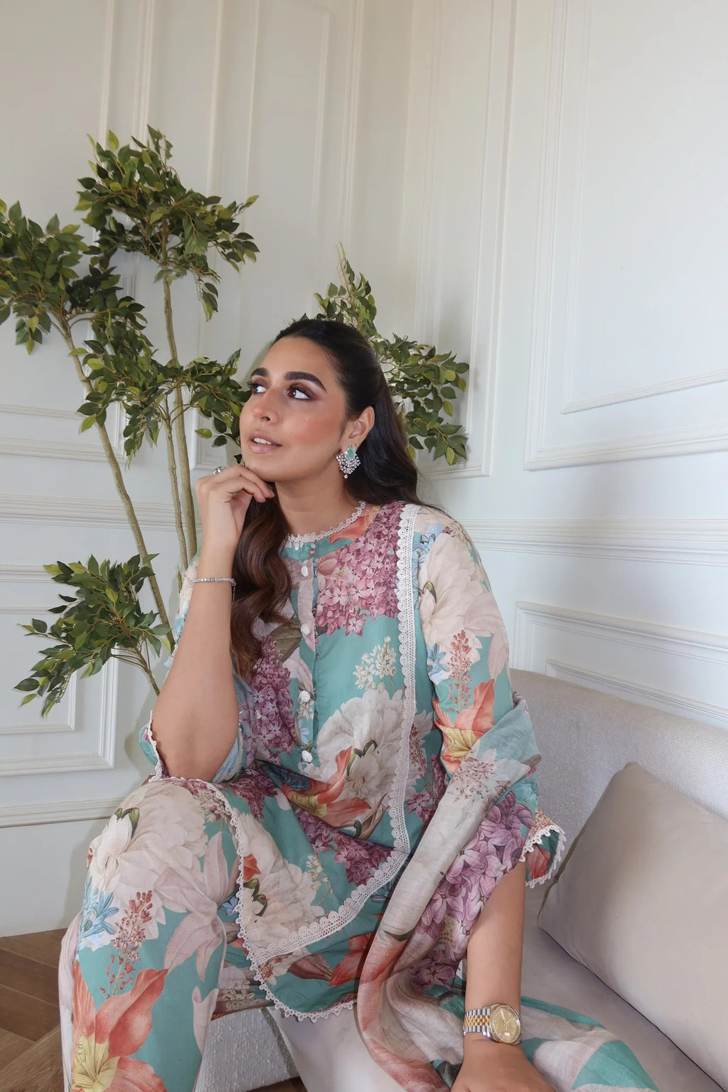Mint Green Floral Printed Kurti Pant Set with Dupatta